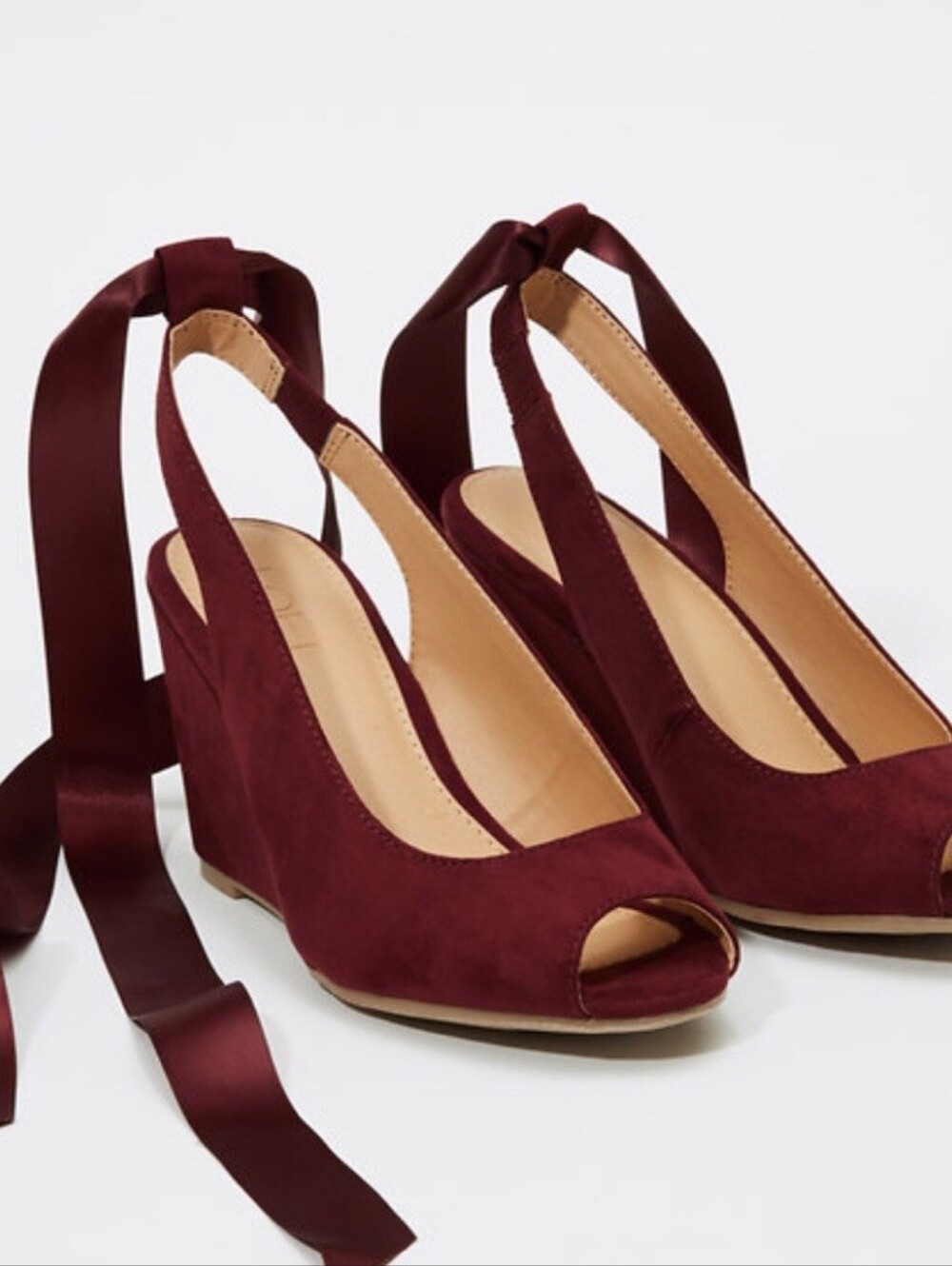 NWT Ann Taylor LOFT Burgundy Peep-Toe Ribbon Wedge Sandals